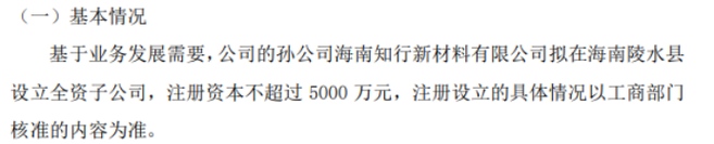 知行股份孙公司拟投资5000万设立全资子公司海南通达合一新材料有限