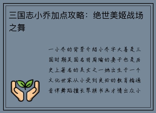 三国志小乔加点攻略：绝世美姬战场之舞