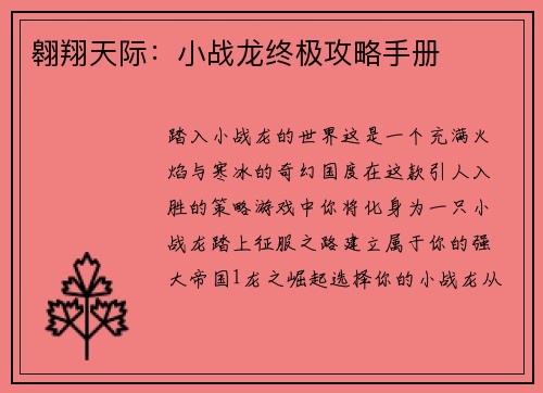 翱翔天际：小战龙终极攻略手册